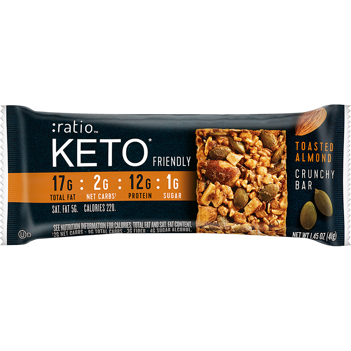 Ratio Crunchy Bar, Toasted Almond, 12g Protein, Keto Friendly, 5.8 OZ (4  Bars)